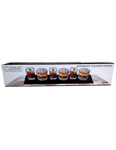 Tapasplank Leisteen met 6 Glaasjes - 42x8 cm -...