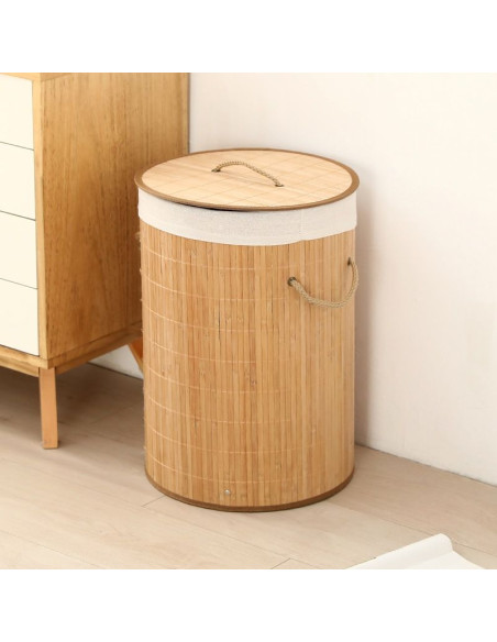 Ceruzo Wasmand met Deksel - Bamboe - Rond - 48 Liter