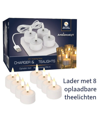 8 Oplaadbare LED Theelichtjes met Lader