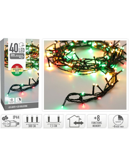 Kerstverlichting 40 led- 3m - three tone traditional - Timer - Lichtfuncties - Geheugen - Buiten