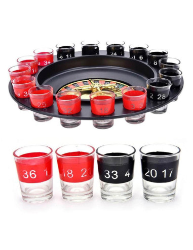 Drankspel Roulette met 16 shotglaasjes
